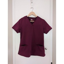 Dickies Wine Red Women's V-Neck Rib Knit Panel Scrub Top Sz S Healthcare Medical