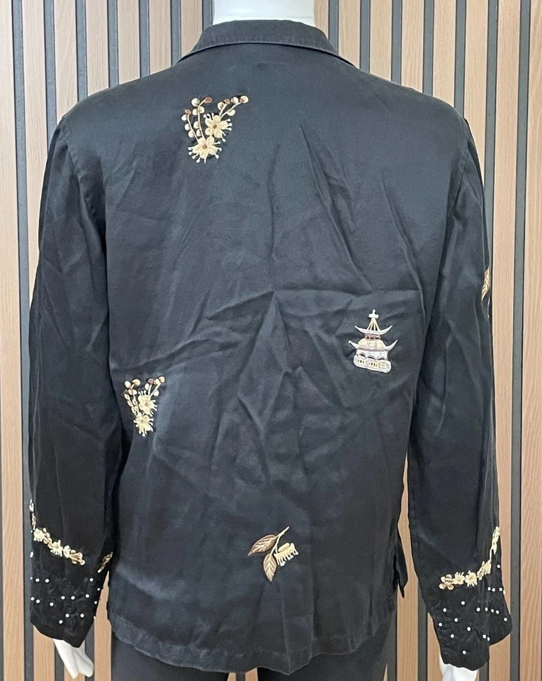 WinterSilks женщин M черный пуговицах шелковая рубашка цветочный вышитый шик богемное - Изображение 2 из 4