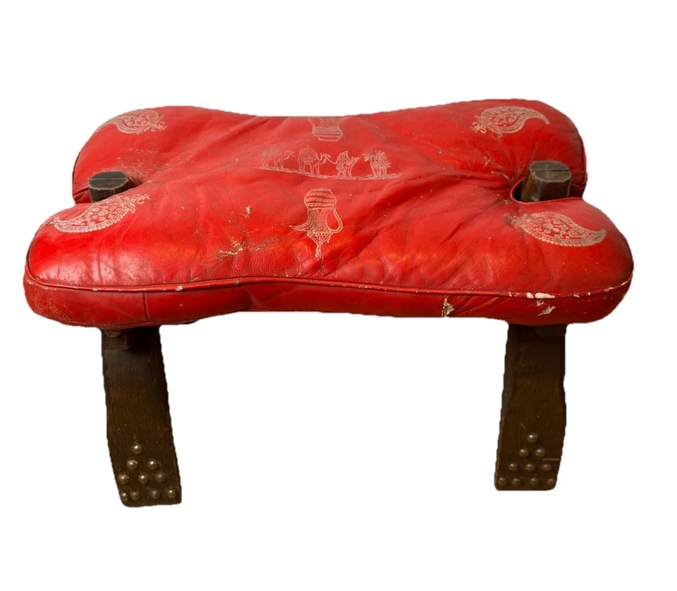 Vintage red leather camel saddle ottoman footstool W/original ornate pad - Image 2 of 4