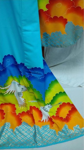 Kyoto Crane & Cloud Design Blue Silk Kimono for Wedding, Size Adjustable - Picture 3 of 4