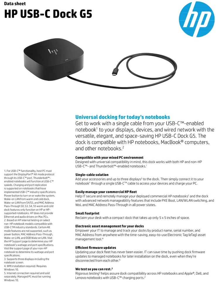 Estación de Acoplamiento HP USB-C Dock G5 100W para Laptop Notebook 5TW10AA Foto 2 de 4