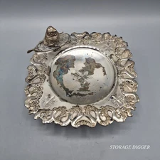 Vintage Silver Plate Trinket Dish w/ Bird Figure Decorative Ornate Footed Dish