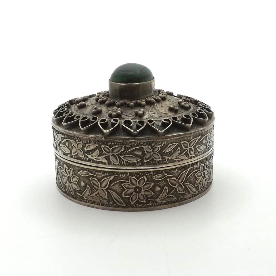 Antiguo joyero baratija floral con cuentas malaquita plata 800 48gr Foto 4 de 4