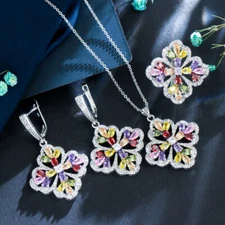 Snowflower Multicolor Cubic Zircon Big Huggie Earrings Necklace Ring Jewelry Set