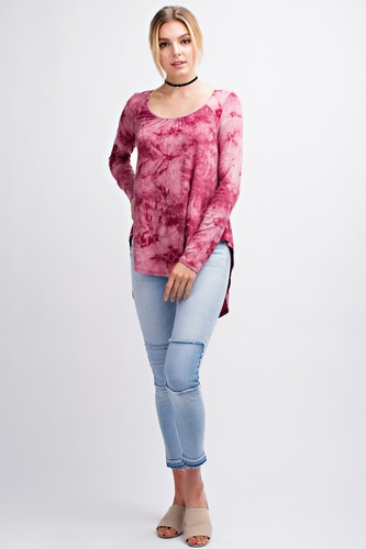 Women's Black/Burgundy Casual Printed Long Sleeve Scoop Neck Hi-Low Blouse Tops - Picture 14 of 48