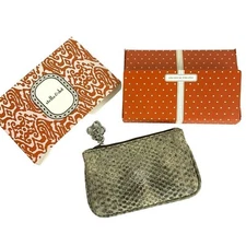Stella & Dot Soho Key Pouch Coin Purse Gray Lambskin Leather Snakeskin Embossed