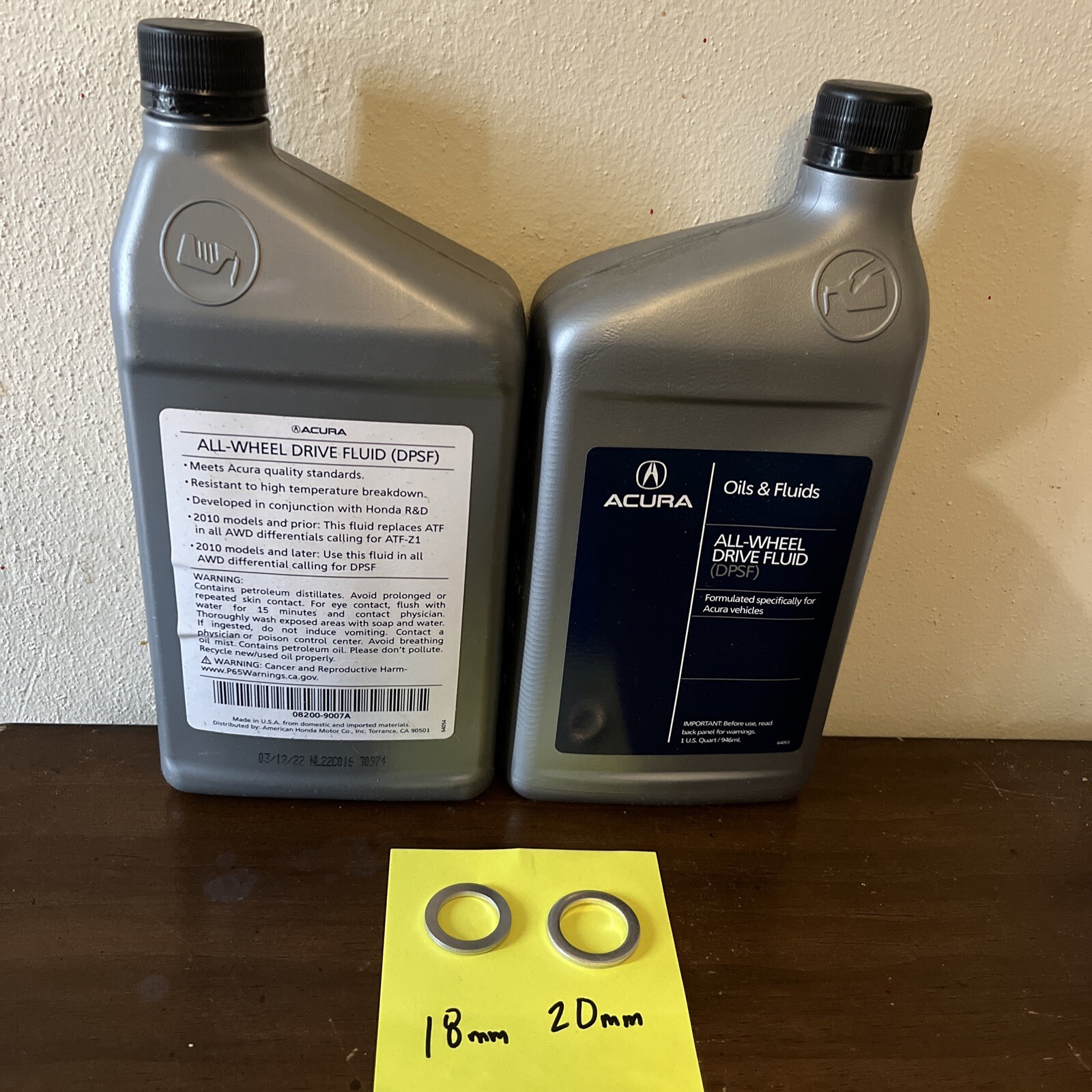 2 QTS GENUINE ACURA HONDA DUAL PUMP FLUID W/CRUSH WASHERS(18mm 20mm