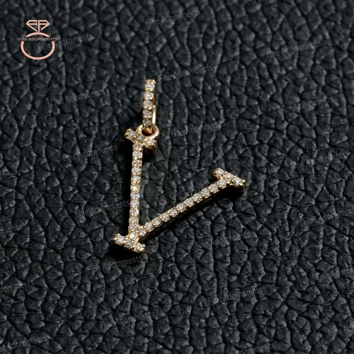 Solid 14k Yellow Gold V Initial Pendant Handmade Pave Diamond V Letter Jewelry - Picture 3 of 6
