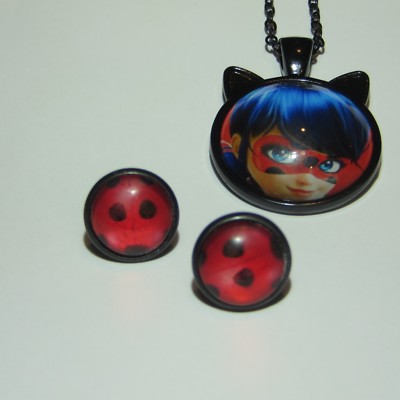 Cartoon Lady Bug Themed Character Dome Pendant & Lady Bug Earring Set 