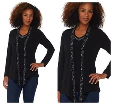 QUACKER  FACTORY  RHINESTONE  EMBELLISHED  DUET CARDIGAN TOP QVC  Sz XXS  NEW