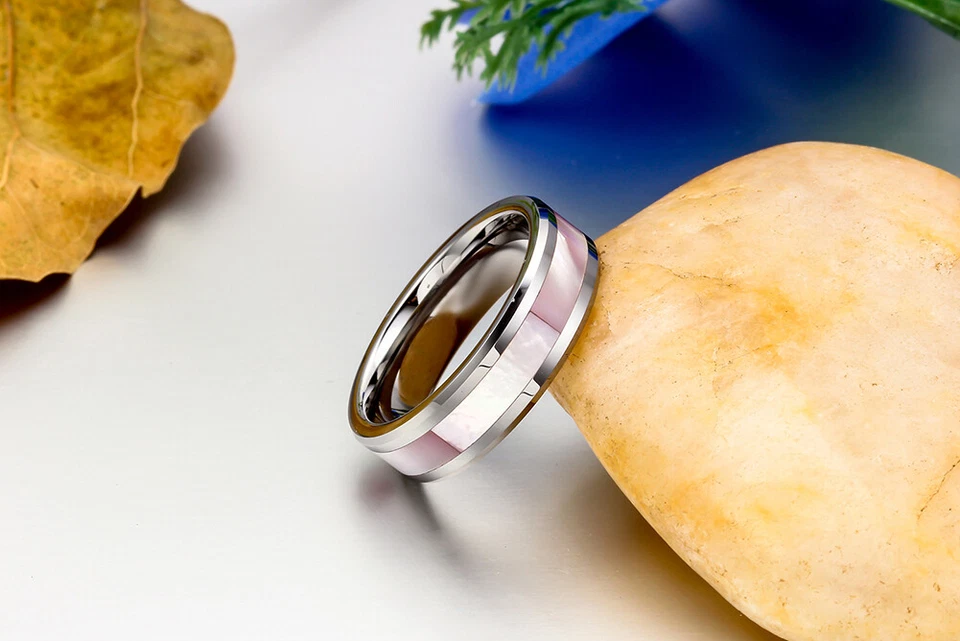 Pink Shell Inlay Tungsten Carbide Ring Womens Lady Girls Engagement Wedding Band - Image 3 of 4