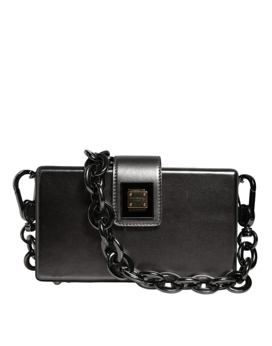 Dolce & Gabbana Metallic Gray DG BOX Leather Shoulder Chain Dolce & Gabbana Metallic Gray DG BOX Leather Shoulder Chain