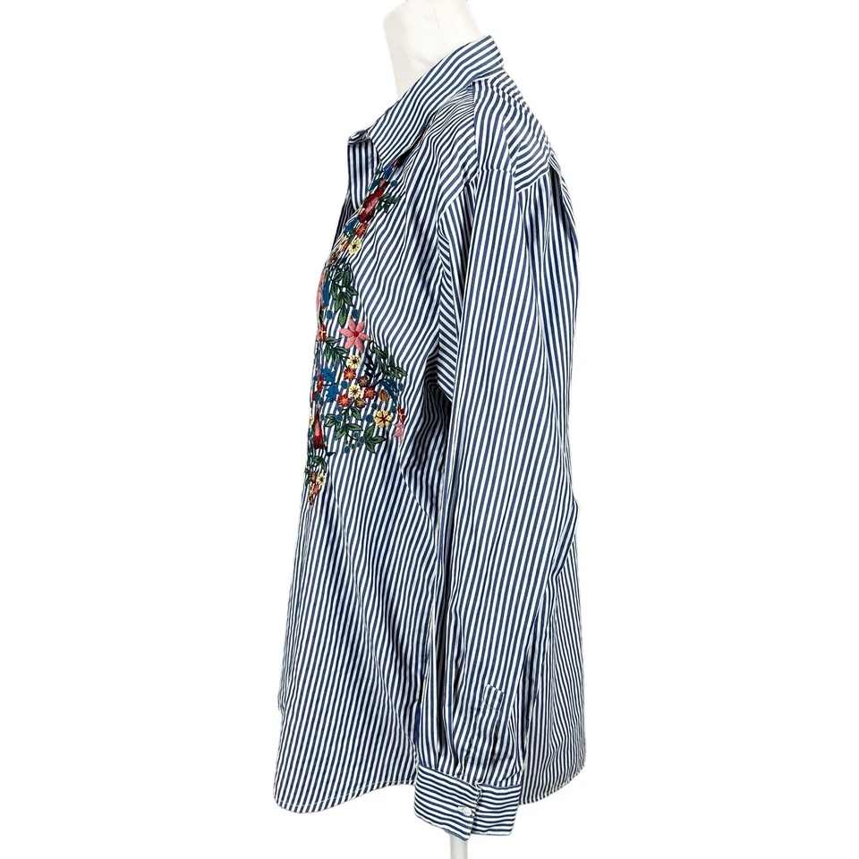 Blusa Zara Mujer M Azul Rayas Colorida Floral Bordada Larga Slv Botón Foto 4 de 4