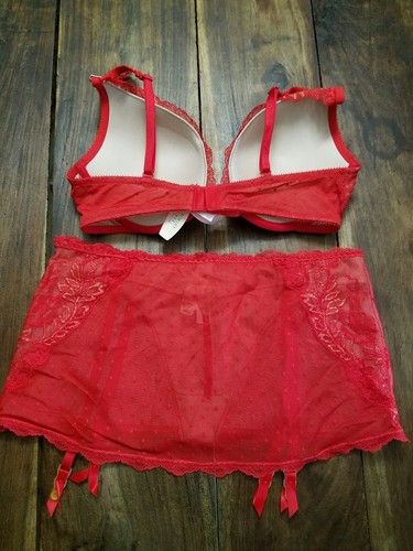 Victoria's Secret~ Medium 34C NWT Sexy Red Gold Lace Bra Garter Skirt Set - Picture 2 of 10