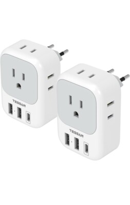 2 Pack European Travel Plug Adapter USB C, TESSAN US to Europe white gray 