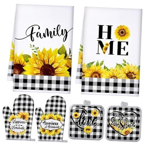 6 Floral Plant Oven Mitts and Pot Holders Sets Classic Color Plaid Sunflower