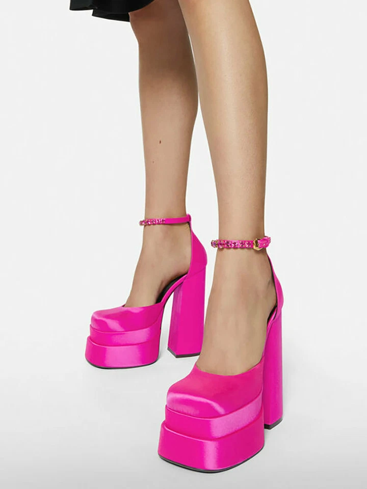 Zapatos para mujer Sandalias Tacón Súper Alto Bloque Punta Cerrada Satén Tobillo Correa Fiesta L Foto 3 de 4