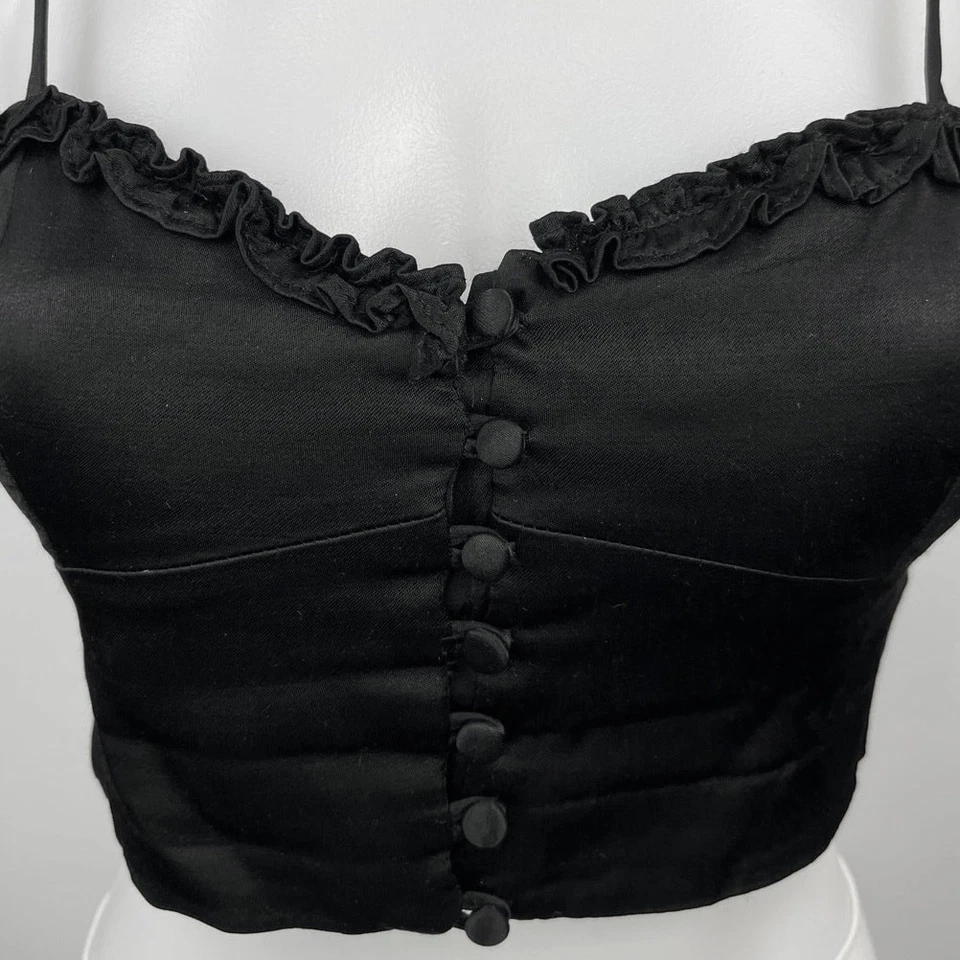 Camiseta sin mangas corta Zara negra seda satinada volantes botones encaje corsé cami camisola talla S Foto 3 de 4