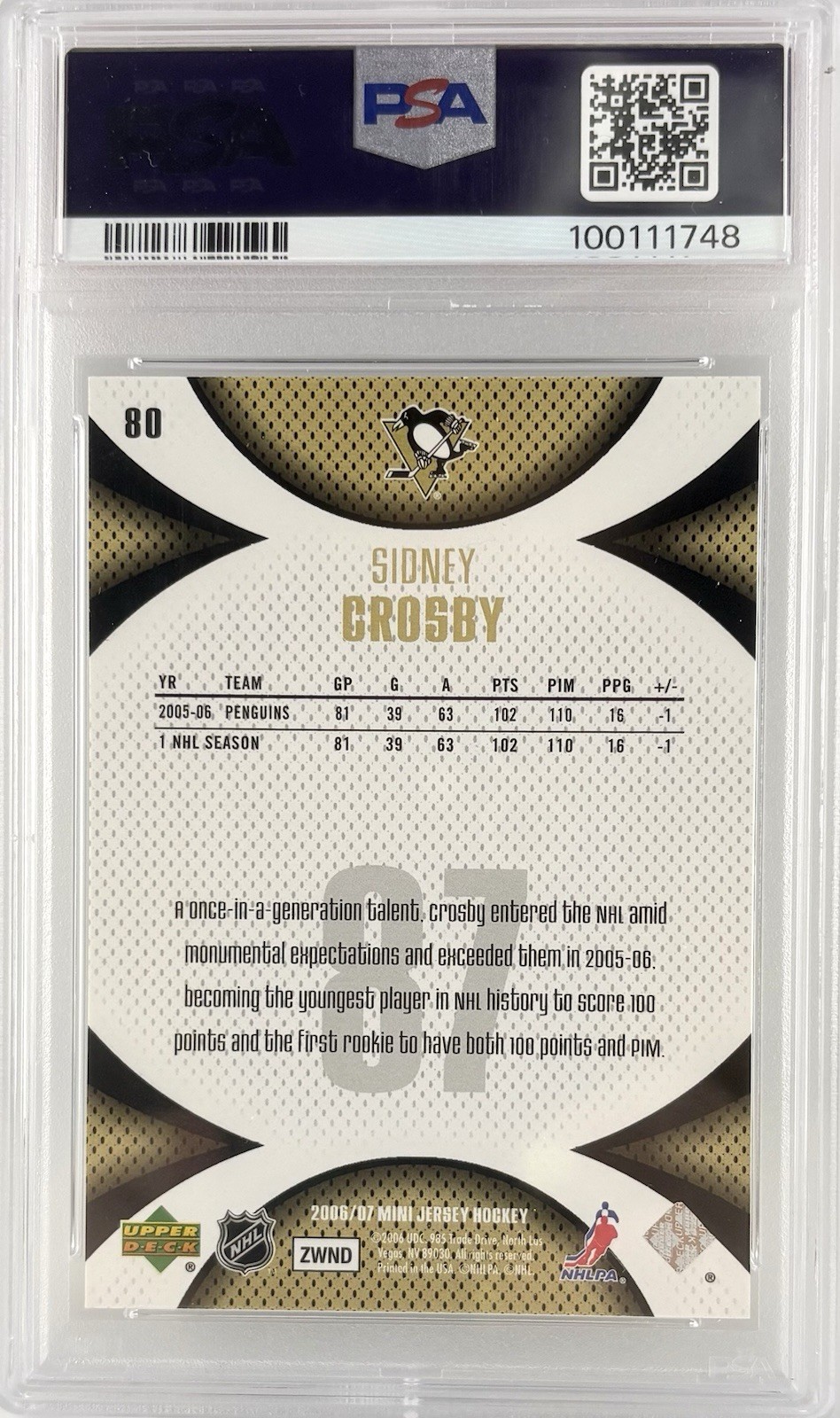 2006 U.D.  Mini Jersey Sidney Crosby #80 PSA 9 view 2