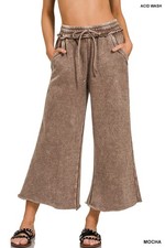 Mocha Zenana Palazzo Acid Wash Crop Sweatpants w/ Pockets Drawstring Waist
