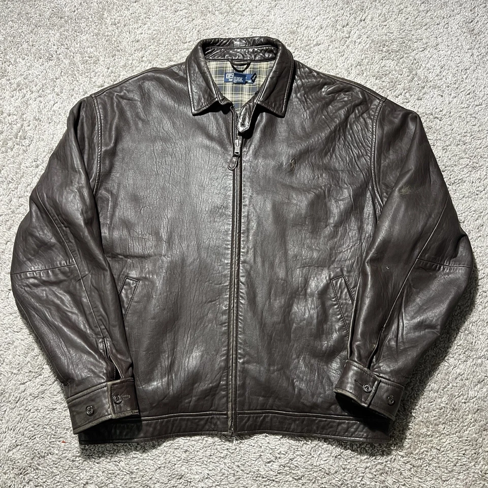 Polo Ralph Lauren 男式深棕色格子衬里全拉链皮革轰炸机夹克 XL — 第 2/4 张图片