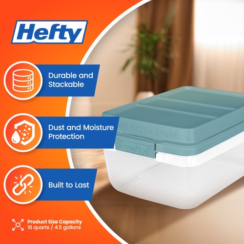 Hefty 18 Qt Hi-Rise Stackable Plastic Storage Bin with Lid, 8 Pack, Smoke Blue - Picture 2 of 12