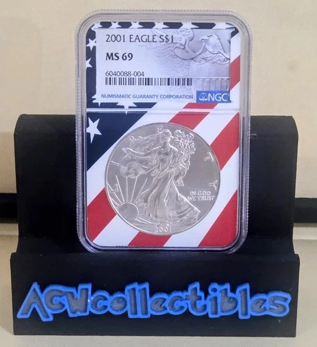 2001 American Silver Eagle MS69 American Flag. 1oz Fine Silver.