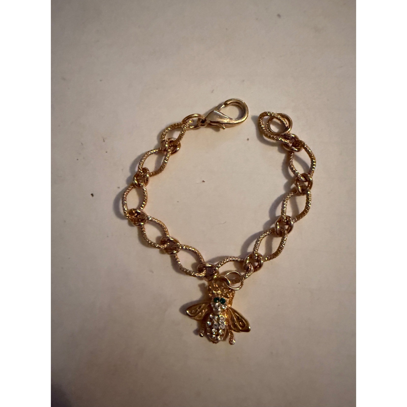 Gold Tone Honey Bee Charm Bracelet Rhinestone Accents Green Eyes Link Chain