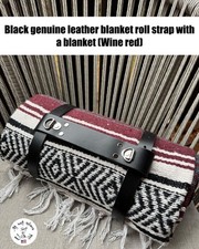 Black Genuine Leather Blanket Roll / Bed Roll Strap With A Blanket Wine Red 