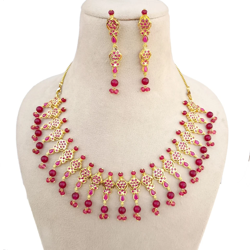 Ruby Necklace Set for Women 24K Gold Plated Jewelry with Earrings Bridal Party - image 3 of 4