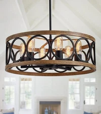 Modern Farmhouse Drum Chandelier Black and Retro Wood Finish 6-Lights Round M...
