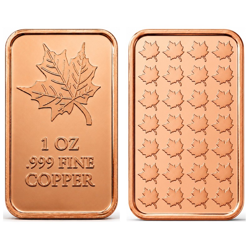 1 oz Maple Leaf Copper Bars .999 Fine Copper Proof Finish AVDP Oz - 20 Pieces