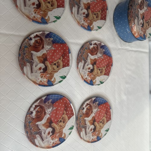 Posavasos De Colección Cachorros Gatitos Metal Corcho Trasero 3.5" Redondo Juego de 6 en Estaño Leer - Imagen 3 de 11