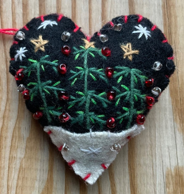 Felted Wool Beaded Embroidered Heart w/ Trees Christmas Ornament