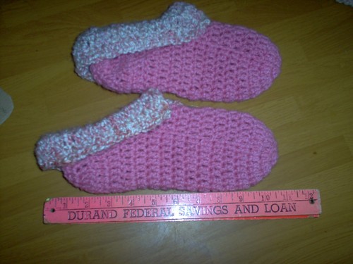 New, handmade crochet slippers, adult med/large, rose w/ multi color cuff - Picture 3 of 3