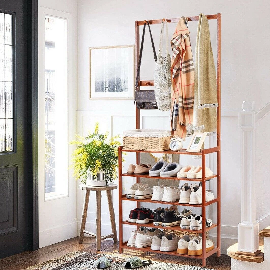 Hall Tree Hat and Coat Stand Hallway Shoe Rack Scarf Purse Hanging Sheving Hooks