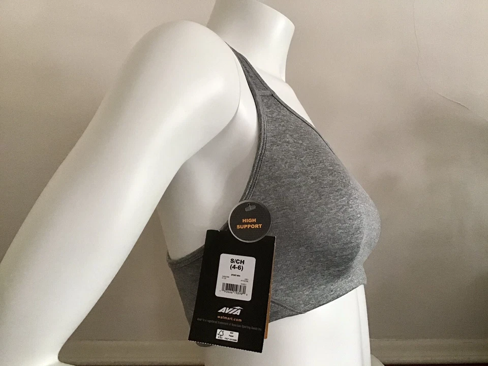 NUEVO CON ETIQUETAS-SUJETADOR DEPORTIVO AVIA MALLA ESPALDA DEPORTIVA CORTE ALTO SOPORTE TALLA S COLOR GRIS. Foto 3 de 4