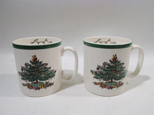 Vtg Spode China England Christmas Tree Pair 3.25” Mugs S3324