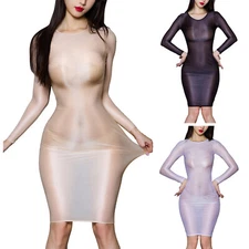 Womens Sexy Long Sleeve Bodycon Dress Glossy Silk See Through Tight Pencil Dress