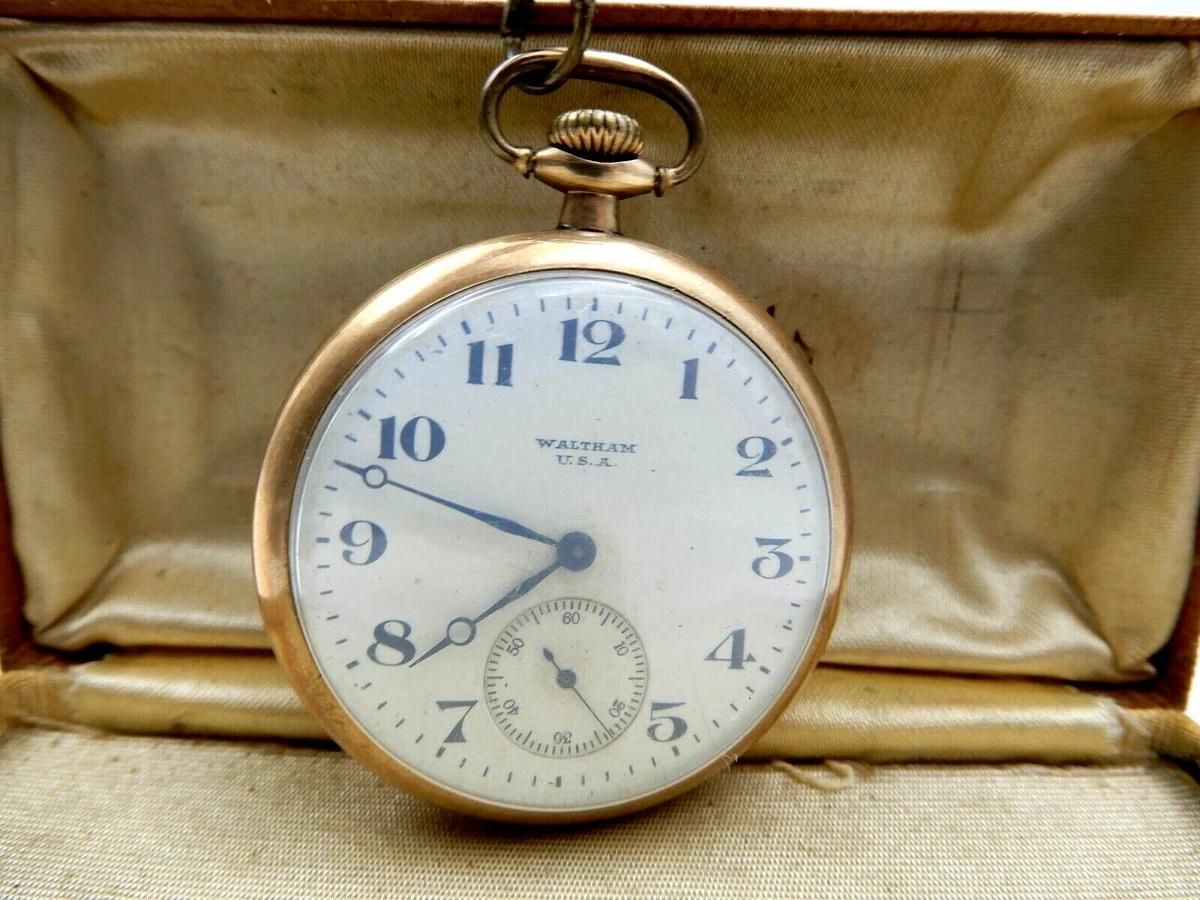 ANTIQUE WALTHAM OPEN FACE GOLD FILLED POCKET WATCH CHAIN SHIELDS FIFTH AVENUE