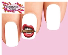 Waterslide Nail Decals Set of 20 - Bite the Bullet Red Lips
