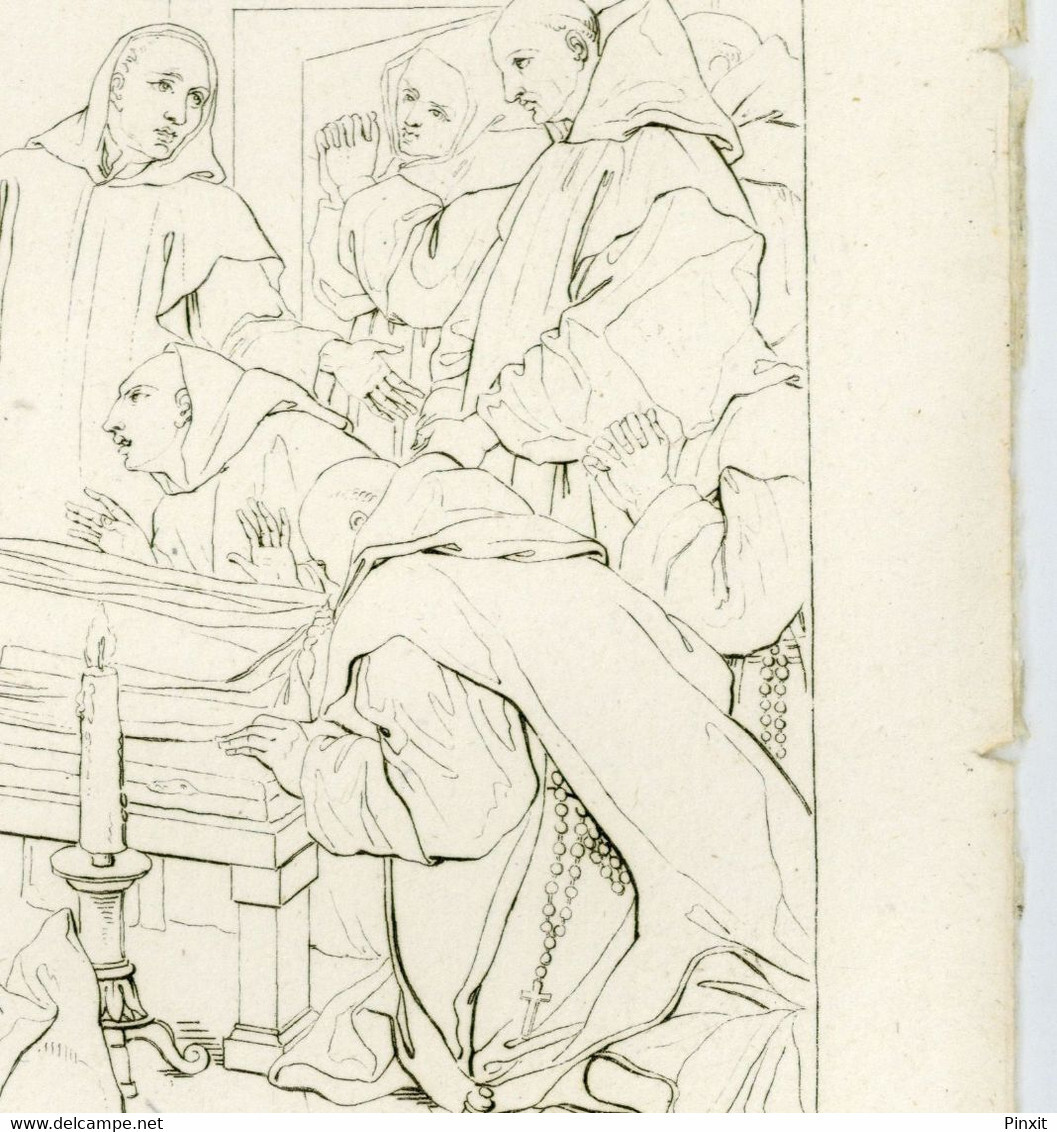 Eustache Le Sueur La mort de Saint Bruno - original 19th century engraving
