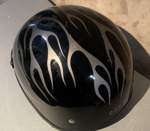 MDS Solid Motorcycle Half Helmet Gloss Black with Flames Adult Medium - Picture 5 of 7