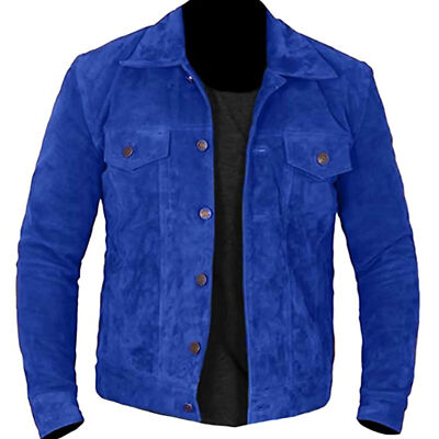 Men's Real Suede Leather Blue Trucker Jacket Fashion Biker Retro Buttoned Coat