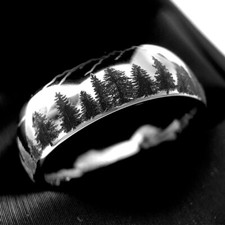 Fir Trees & Mountains Pattern Engraved Silver Tungsten Carbide Ring, His and Her
