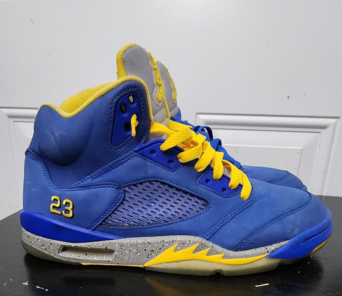 yellow and blue jordans 5