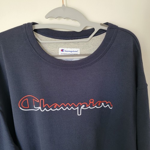Champion Men's Large Powerblend Crewneck Sweatshirt, Navy Blue, Red/White Logo - Picture 2 of 8