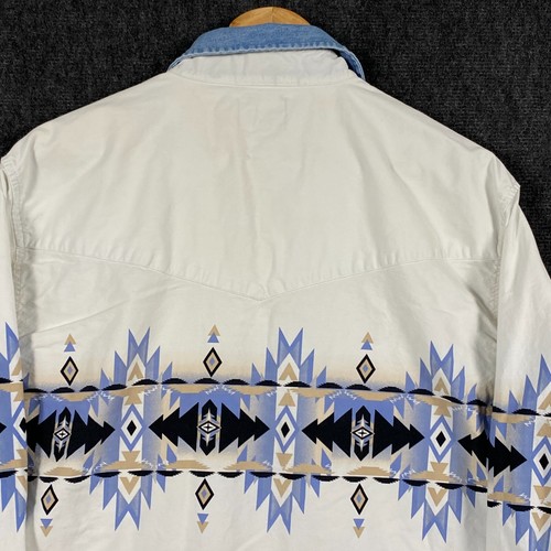 Plains Mens XL Long Sleeve Pearl Snap Button Shirt White Blue Aztec Southwestern - Picture 10 of 13
