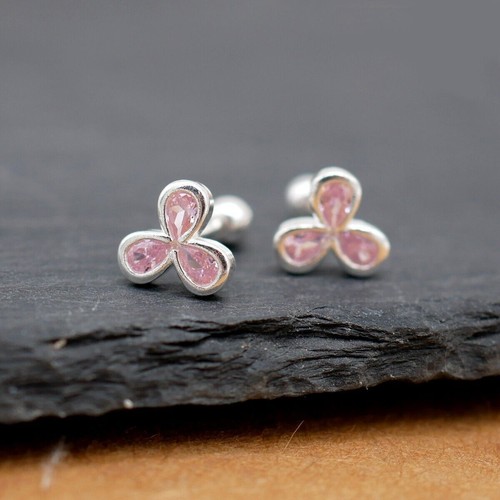 Lovely Clover Pink CZ Screw Stud Earrings in 999 Sterling Silver A4350 - Picture 2 of 7