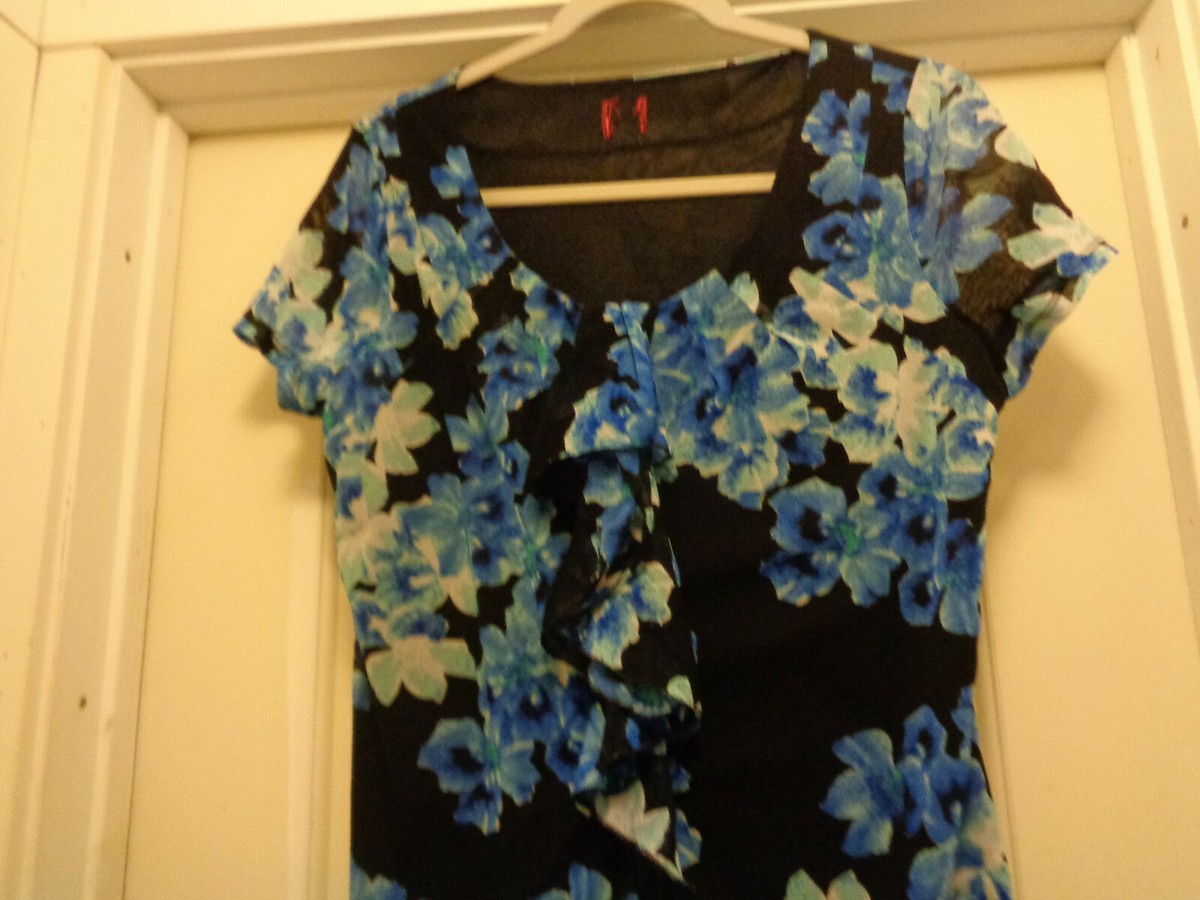 PAST PIN UP BLOUSE BLUE ROSES BLACK PRETTY RUFFLE M PINUP